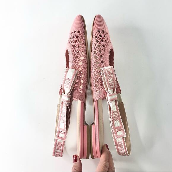 Dior & Moi Cannage Mesh Pink Bow Logo Slingback Flats Sandals 40.5 - Picture 6 of 12